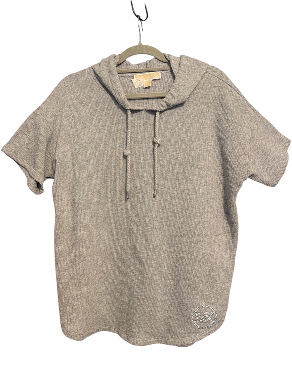 MICHAEL KORS short sleeve gray hooded top bedazzled rhinestone MK emblem